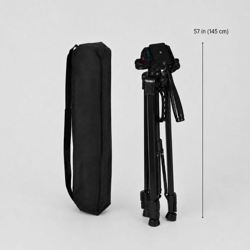 Black tripod with carrying case on a light gray background