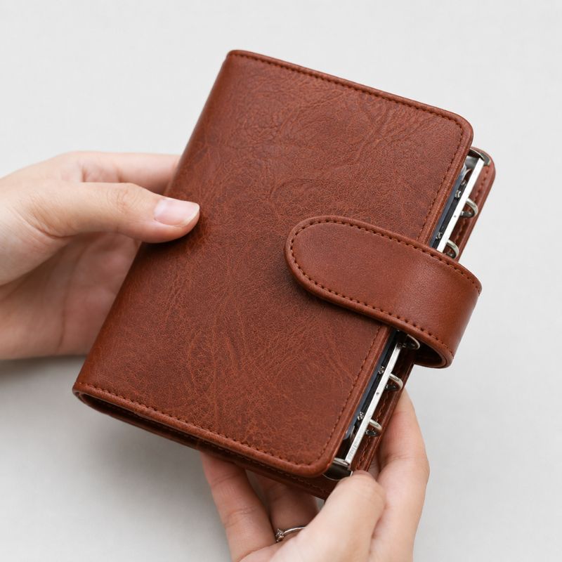 Closed brown leather Nomad kit showing the snap tab and six-ring binder mechanism, held in hand