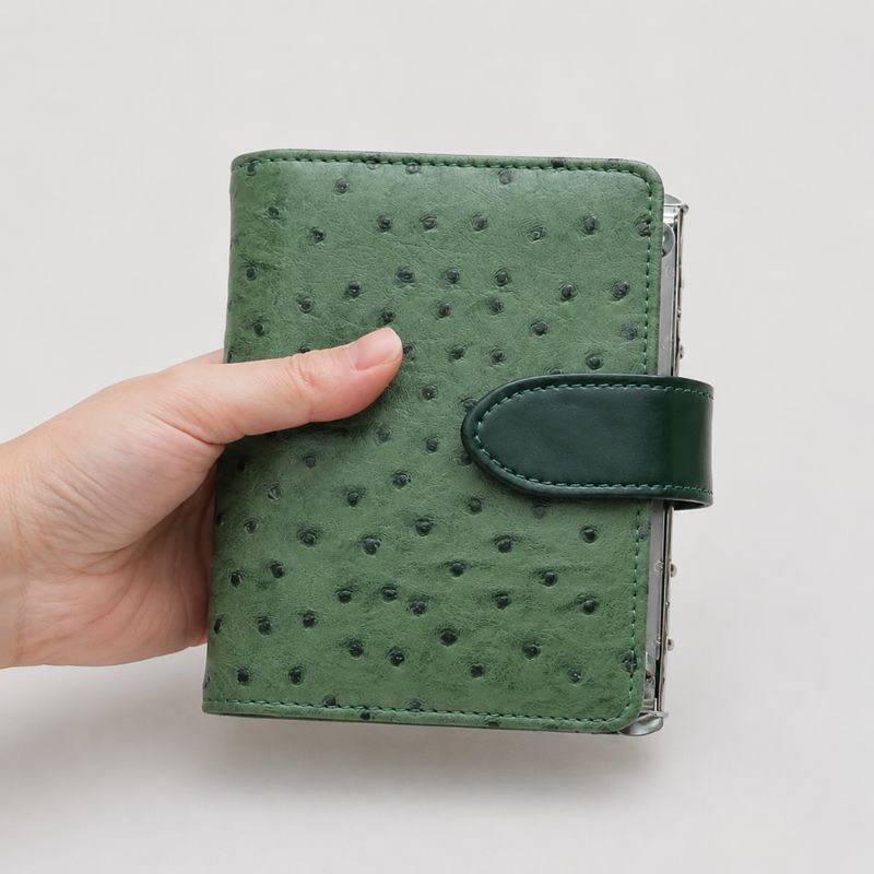 Closed Olive Dusk ostrich-texture leather Nomad kit held in hand 