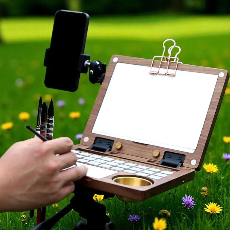 Walnut painting kit on a tripod in a flower meadow with a phone holder and brushes during plein-air painting